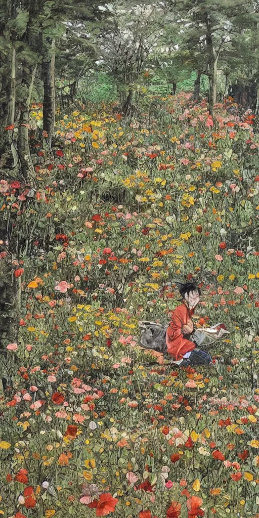 Image similar to oil painting scene from flower fields in the forest by kim jung gi