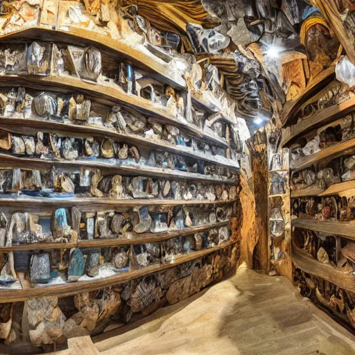 Prompt: An enormous treasure trove filled with precious minerals, wide shot, ultra-high definition, 4K, museum quality photo