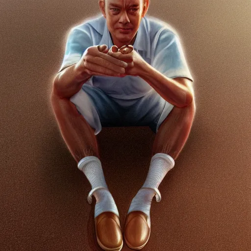 Image similar to tom hanks as forrest gump has shrimp hands, photorealistic, cgsociety, artstation