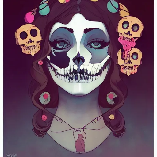 Prompt: a portrait of a girl skull face, balloons, in the style of mucha, charlie bowater, atey ghailan and mike mignola, vibrant colors and hard shadows and strong rim light, plain background, comic cover art, trending on artstation