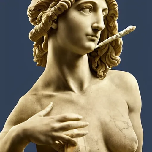 Image similar to greek or roman sculpture in marble of a female athlete holding a snake, in a museum background, hyperrealistic photograph in the style of bernini, golden hour