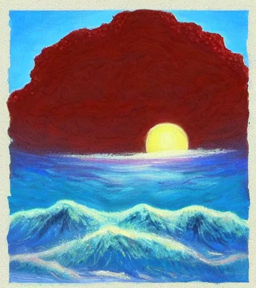 Prompt: a alien planet with a red ocean and blue sand and rocks at sunrise, bob ross painting, high coherence, highly detailed, high quality, masterpiece, award - winner
