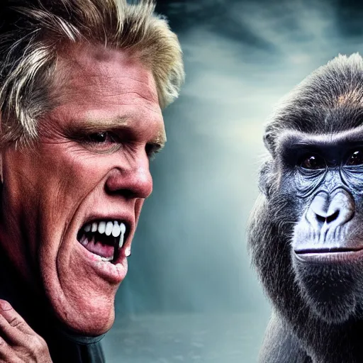Prompt: stunning award winning hyperrealistic hdr 8 k highly detailed photo of garry busey fighting an ape