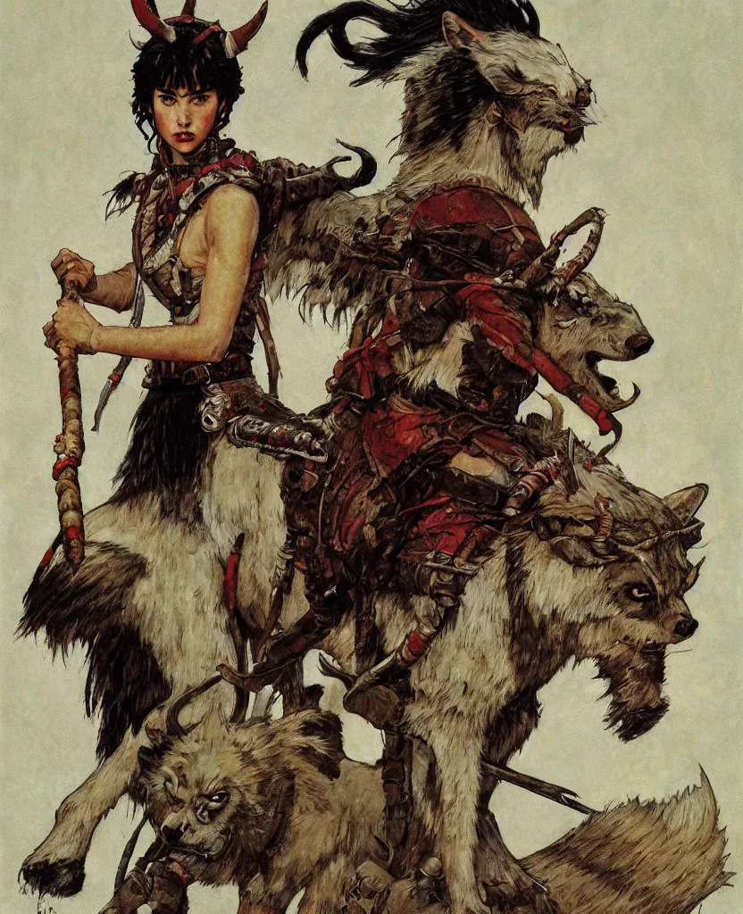 Image similar to portrait of fierce Princess Mononoke, fully clothed in armor, painted by norman rockwell, james gurney, denoised, sharp, architectural