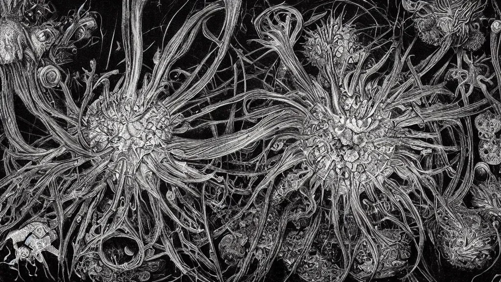 Image similar to beautiful picture of a coronavirus inside a television screen, dark, sinister, detailed, by Ernst Haeckel and Greg Rutkowski