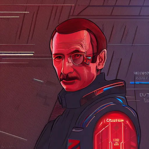 Image similar to cyberpunk vladimir putin as the leader of a futuristic communist nation, cybernetics, sharp lines, digital, artstation, colored in