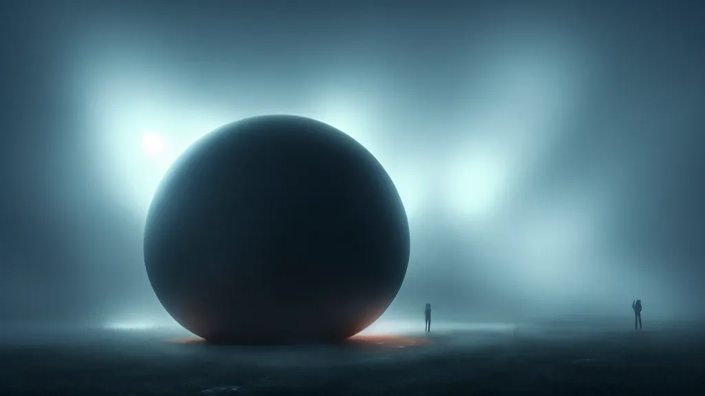 Image similar to luminous lines stretch from the black sphere that is located above the small city in the fog, fog, volumetric lighting, mystique, atmospheric, sharp focus, ultra detailed, ross tran, thierry doizon, kai carpenter, ignacio fernandez rios, noir art house, 4 k, 3 5 mm