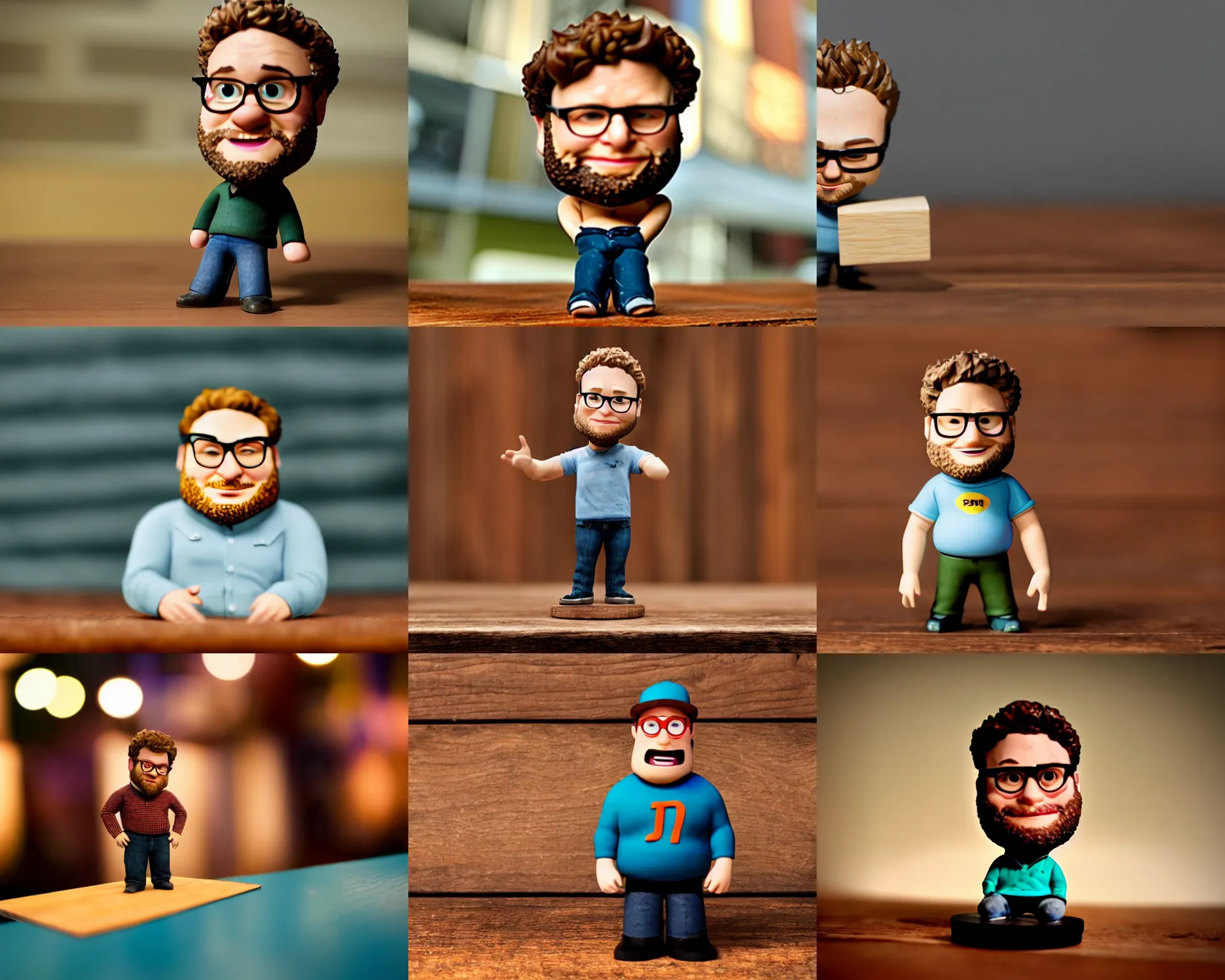 Prompt: seth rogen figurine by pixar sad bokeh on wooden table.