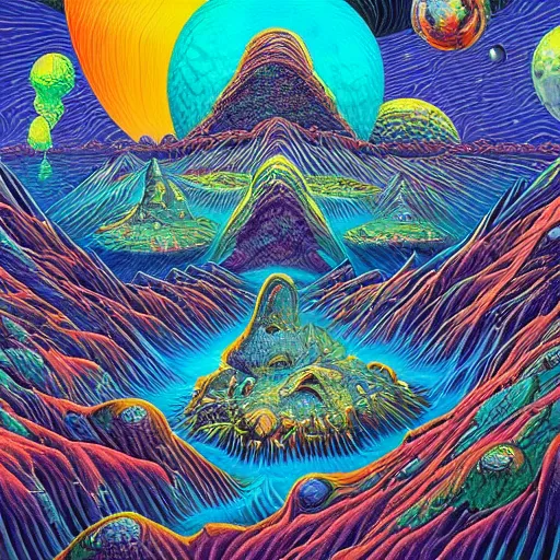 Image similar to geometric volcanoes melting into ocean forest cliffs in space by android jones, alex grey, chris dyer, aaron brooks,