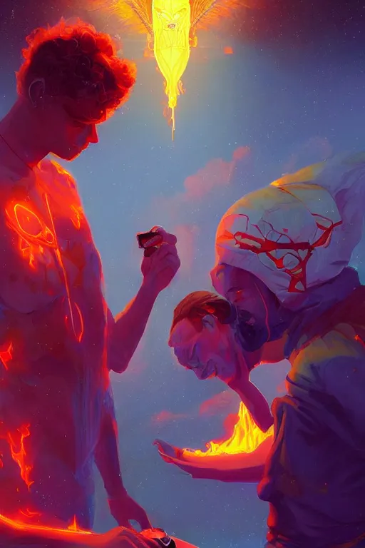 Image similar to the god hermes handing a man a computer on fire, the fire is made of binary code, digital painting bioluminance alena aenami artworks in 4 k design by lois van baarle by sung choi by john kirby artgerm style pascal blanche and magali villeneuve