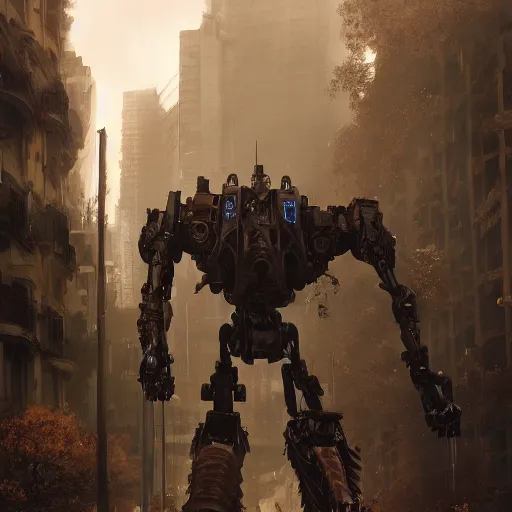 Image similar to six feet tall mech fighting in an urban environment, gaudi, by gaston bussiere, by ismail inceoglu, octane render, by weta digital, cinematic lighting, bump mapped, lumen reflections, action scene screenshot, epic scale