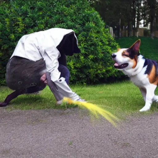 Prompt: dog playing with an invisible man