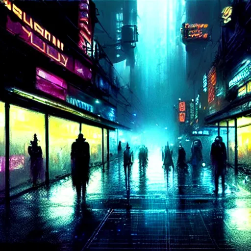 Image similar to photo of a rundown seedy futuristic city scene at night with bright neon lights, raining, bladerunner, sci fi splash art by craig mullins, greg rutkowski