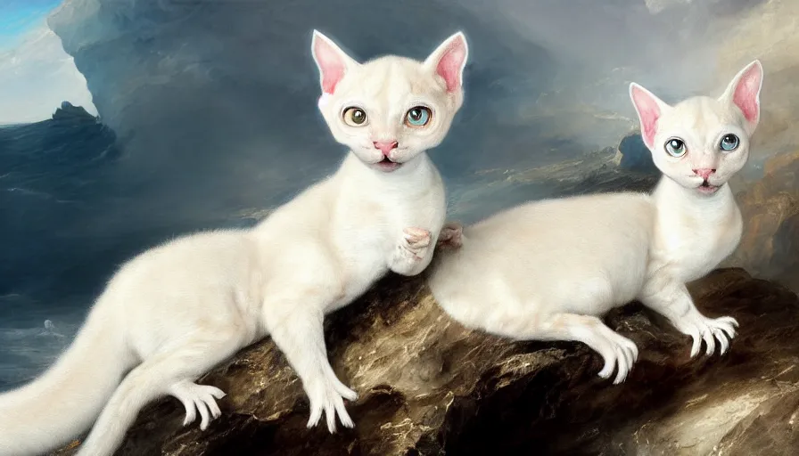 Image similar to highly detailed painting of white cute baby scaled oriental dragon cats on a blue and white iceberg by william turner, by greg rutkowski, by william constable, thick brush strokes and visible paint layers, 4 k resolution