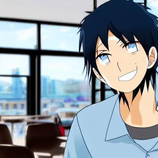 Prompt: a tall anime boy with black hair, blue eyes and piercings working at a café smiling in anime style with sunlight shining through the windows as he's cleaning dishes, very detailed, detailed face, 4k