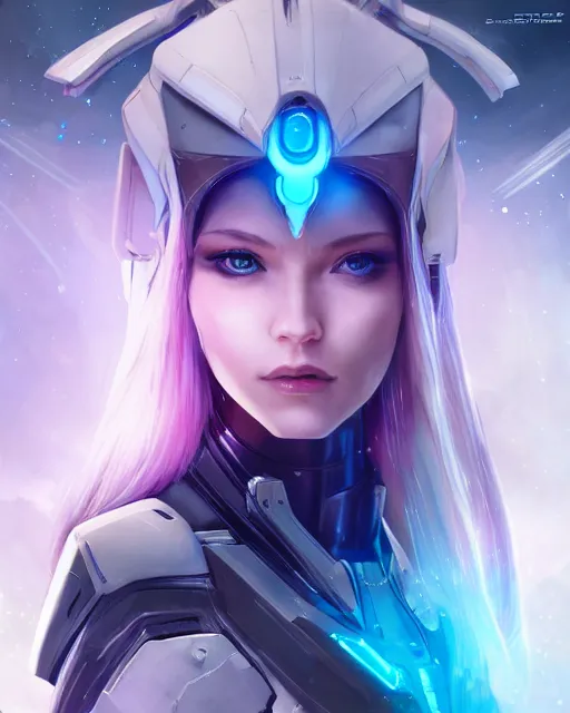 Image similar to perfect android girl on a mothership, warframe armor, beautiful face, scifi, futuristic, galaxy, nebula, raytracing, dreamy, long white hair, blue cyborg eyes, sharp focus, cinematic lighting, highly detailed, artstation, divine, by gauthier leblanc, kazuya takahashi, huifeng huang