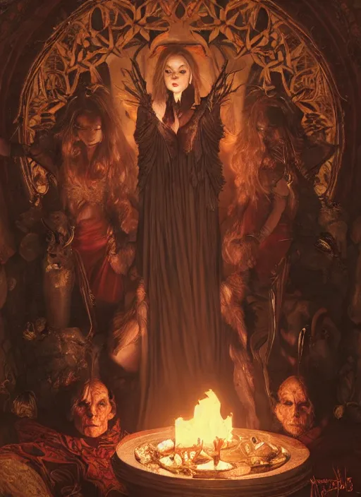 Prompt: firestarter inside covens den, intricate wiccan scene detailing, hyperdetailed, photorealistic, diffuse lighting, hdrp, artstation, unreal 5, smooth, textless, sharp focus, art by john collier, albert aublet, krenz cushart, artem demura, alphonse mucha