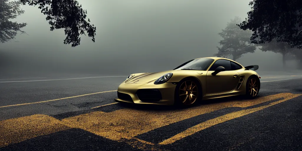 Image similar to parked Porsche sports car, fog, rain, volumetric lighting, beautiful, golden hour, sharp focus, highly detailed, cgsociety