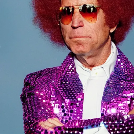 Prompt: uhd candid photo of joe biden as disco stu, wearing disco suit, intricate disco costume. photo by annie leibowitz