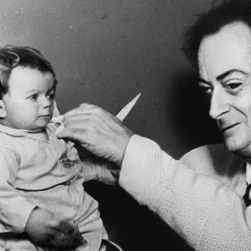 Image similar to a baby richard feynman with noodle hands designing the first atomic richard feynman