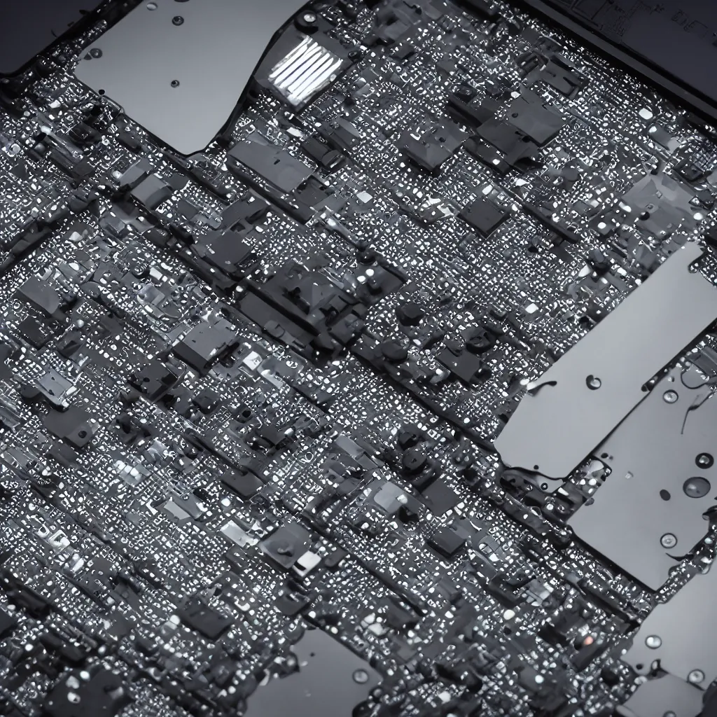 Prompt: generative design exoskeleton laptop computer, dark plastic, pcb internals, glowing lights, product shot, depth of field