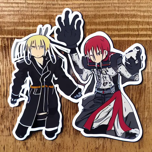 Image similar to die cut sticker, full metal alchemist al and alphons, splatter paint