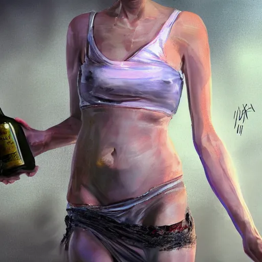 Prompt: putin holding a bottle of arak, wearing a mini skirt, cinematic, beautiful digital painting, hyper detailed