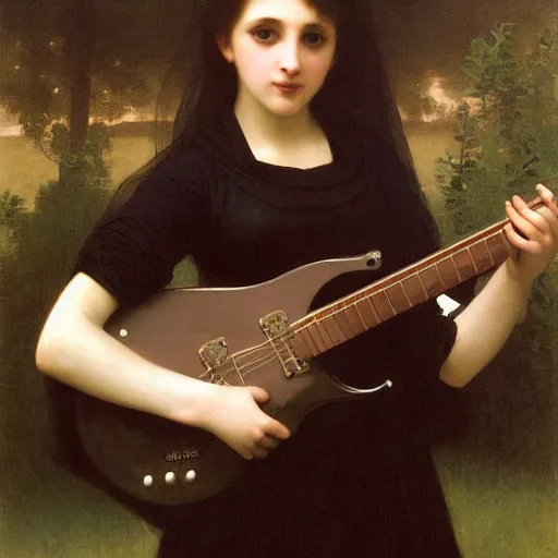 Image similar to goth girl playing electric guitar at dusk, oil painting by William-Adolphe Bouguereau, masterpiece