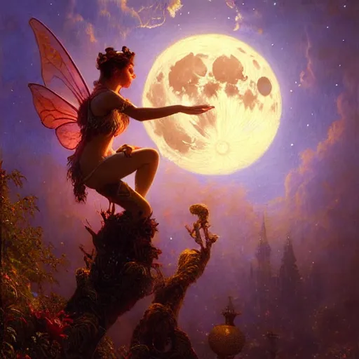 Image similar to attractive fairy magically floating high in the night, fantasy, full moon in background. highly detailed painting by gaston bussiere, craig mullins, j. c. leyendecker, mid shot, 8 k realistic, cryengine, frostbite 3 engine, sharp focus