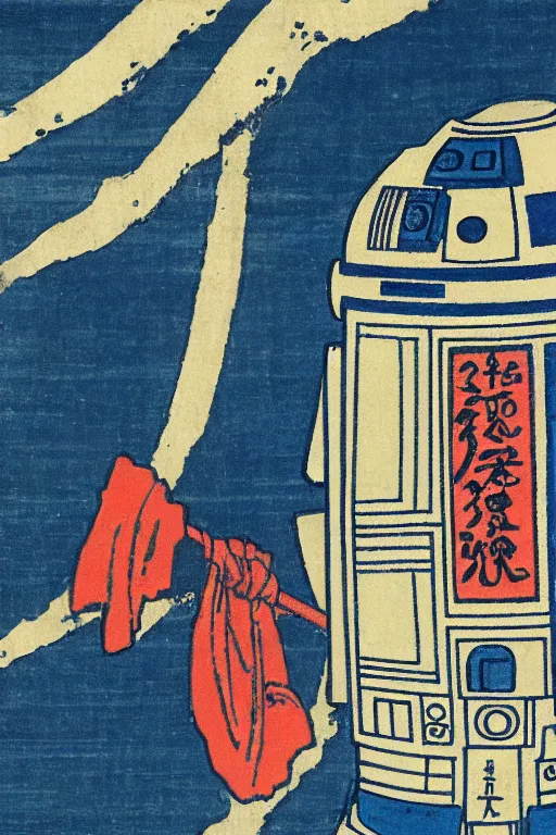 Image similar to Japanese woodblock print of r2d2 , hokusai