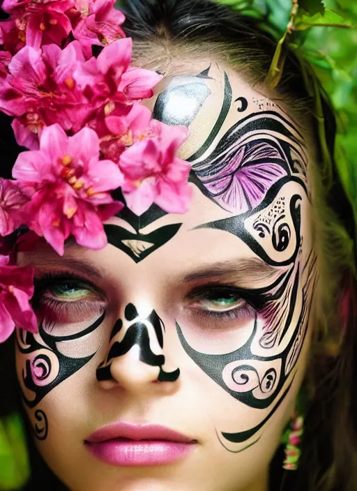 Prompt: a beautiful portrait of a beautiful woman in the jungle surrounded by pink flowers, tribal face paintings, fantasy art