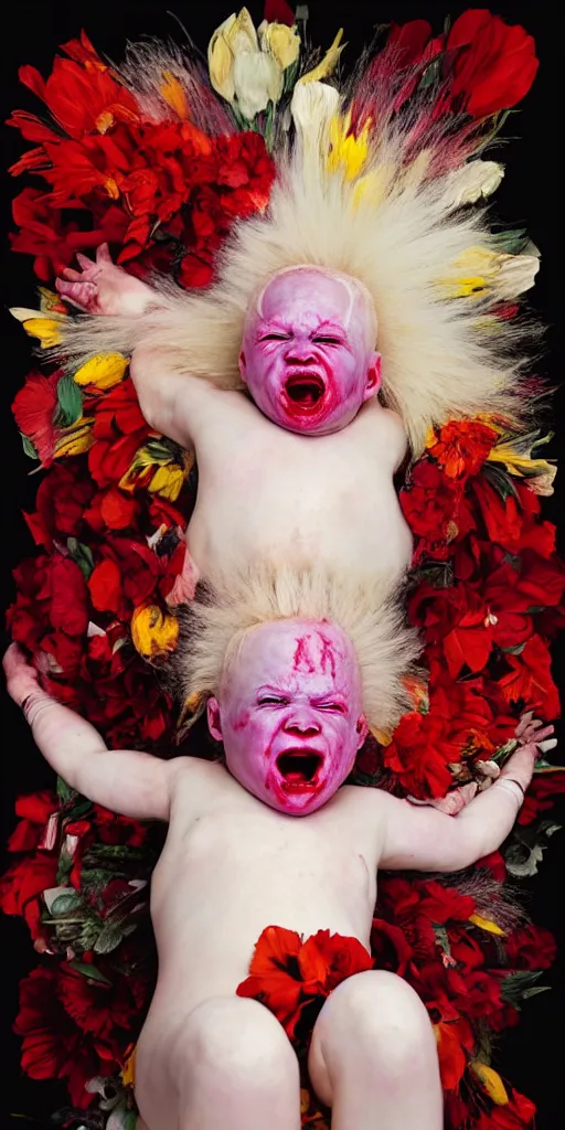 Prompt: award winning photo of screaming african albino baby, draped in velvet and flowers, crying blood, vivid colors, happy, symmetrical face, beautiful open eyes, studio lighting, wide shot art by sally mann & arnold newman