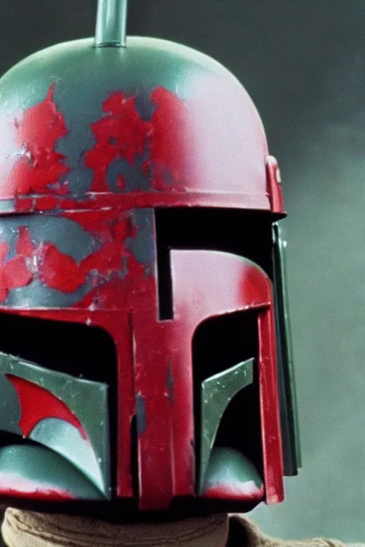 Prompt: boba fett helmet slashed open partially exposed face scowling. screenshot from 1977 Star Wars