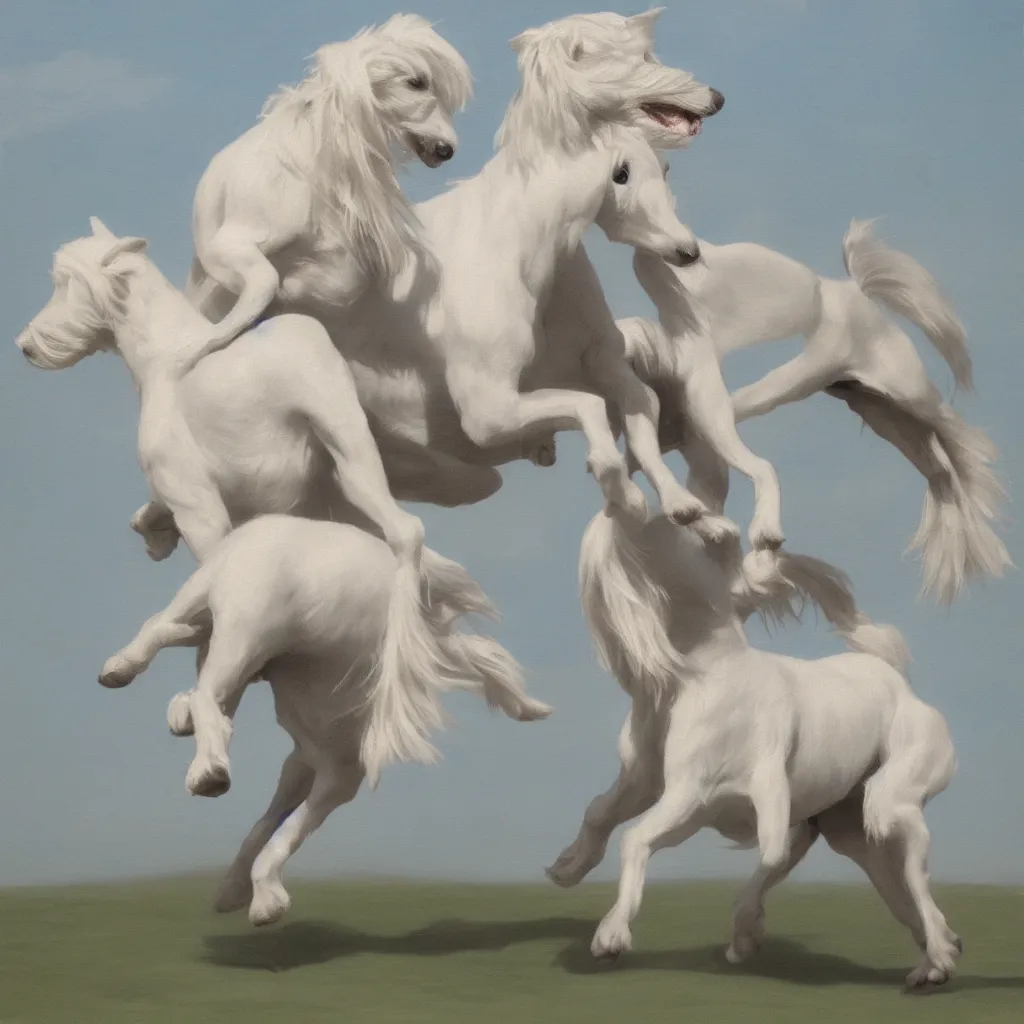 Image similar to A human-shaped maltese terrier riding a white horse, canvas, clean, light colors,
