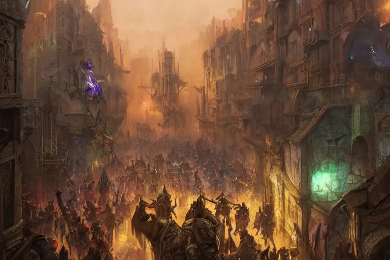 Prompt: an intricate colorful matte painting of An epic stronghold crusader screenshot of bustling city street with festival going on, on the back of a gigantic triceratops, highly detailed iridescent dimly lit exterior with shafts of iridescent light bouncing off magical realms, by Christophe Vacher and Bastien Lecouffe-Deharme, trending on artstation