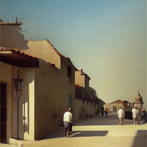 Image similar to a beautiful painting of a mediterranean fishing village in summer by peter ilsted, whitewashed housed, cypress trees, cyan shutters on windows, trending and featured on artstation and behance, people walking down a street