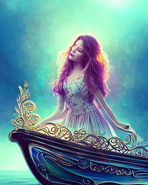 Image similar to cute woman inside an ornate sail boat of iridescent liquid, alchemy, shiny plastic, intricate, bloom, detailed, volumetric lighting, sharp focus, photorealism, digital painting, highly detailed, concept art, by by artgerm and wlop