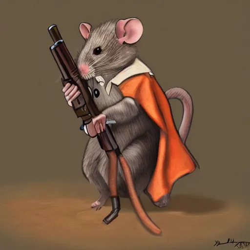 Image similar to painting of a rat in a cape holding a shotgun, digital art