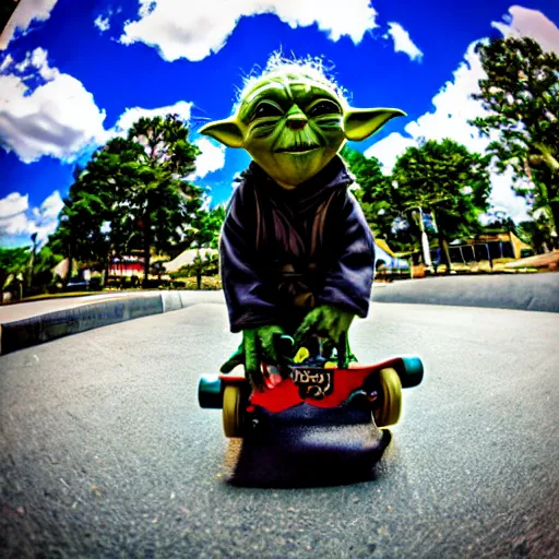 Image similar to Yoda skateboarding towards the camera, photograph, fisheye lens
