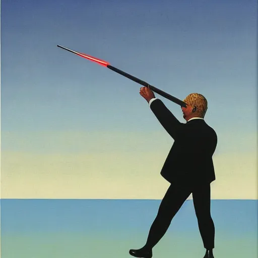 Image similar to portrait of darth vader aiming at sky, painting by rene magritte, high detail, high resolution