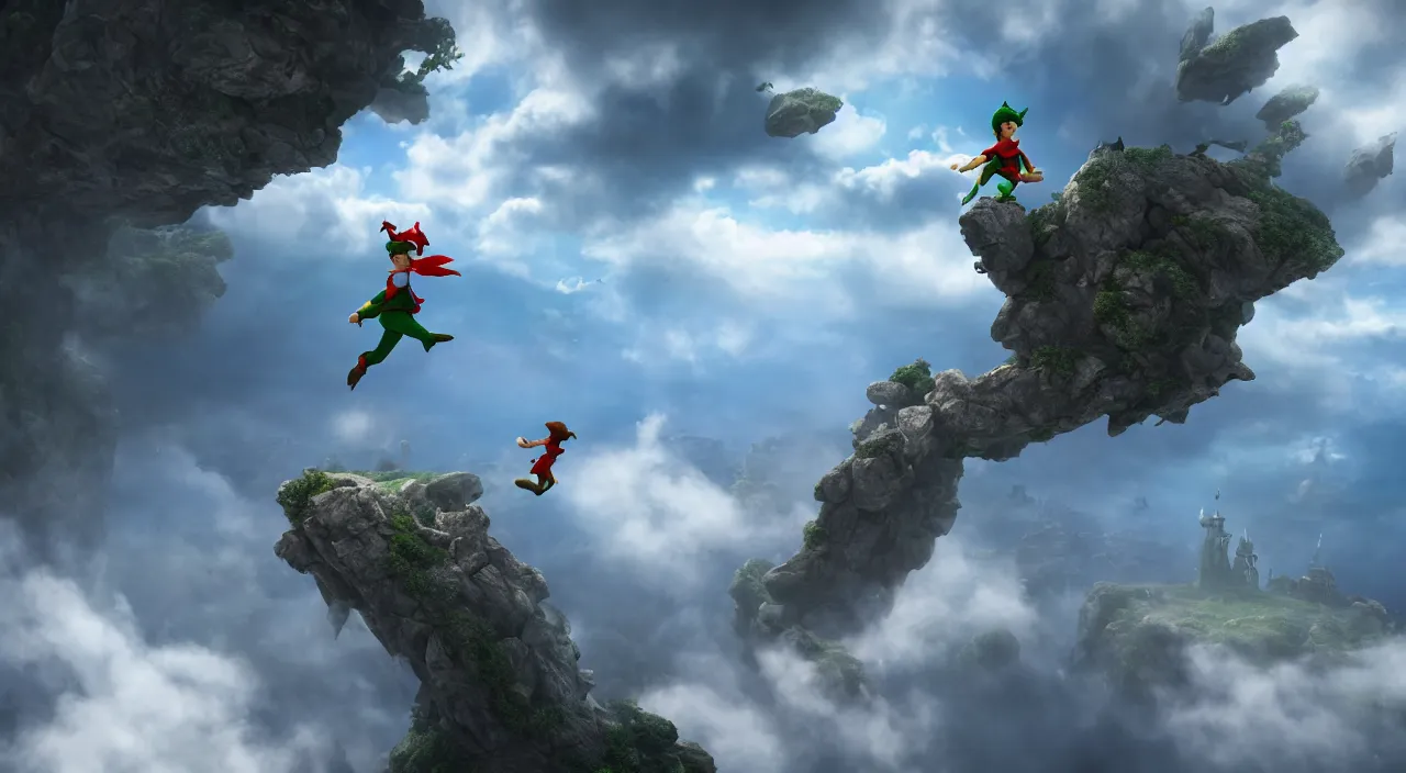 Prompt: peter pan flies through the clouds above neverland, dreamcore. 8k resolution, photograph, unreal engine, beautiful art, trending on art station, dreamcore.