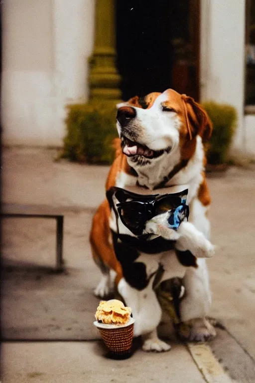 Prompt: Street photography of a dog licking an ice-cream, polaroid