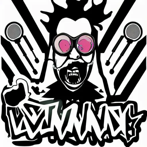 Image similar to svg vector sticker of absolutely insane-mad-scientist-villain, rocking out, wearing headphones, huge speakers, dancing, rave, DJ, spinning records, digital art, amazing composition, rule-of-thirds, award-winning, trending on artstation, featured on deviantart