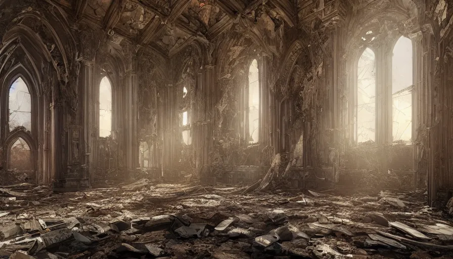 Prompt: Interior of a destroyed abandoned Neo-Gothic manor, hyperdetailed, artstation, cgsociety, 8k