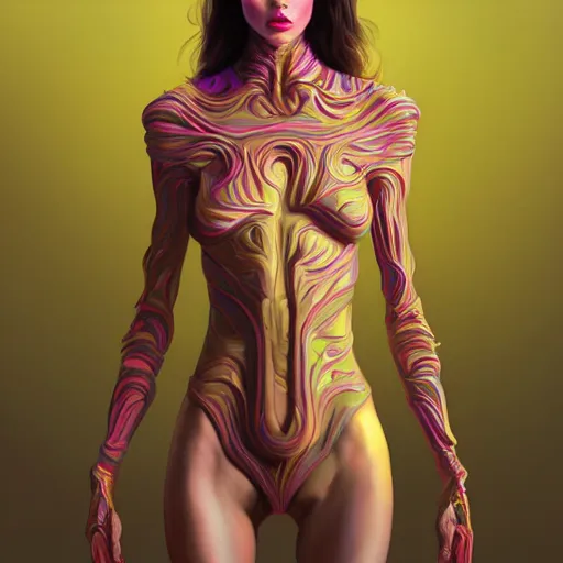 Prompt: wide angle full body portrait of an alien female, with a perfect face and perfect body, thin waist, intricate, single face, psychedelic background, highly detailed, digital painting, artstation, concept art, smooth, sharp focus, illustration, Unreal Engine 5, 8K, art by artgerm and greg rutkowski and alphonse mucha