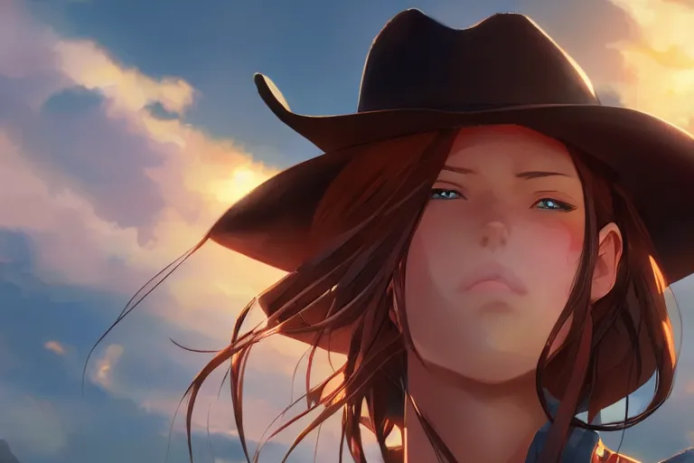 Prompt: western cowgirl, single centered subject, scenic full shot, ambient lighting, detailed face, by makoto shinkai, stanley artgerm lau, wlop, rossdraws