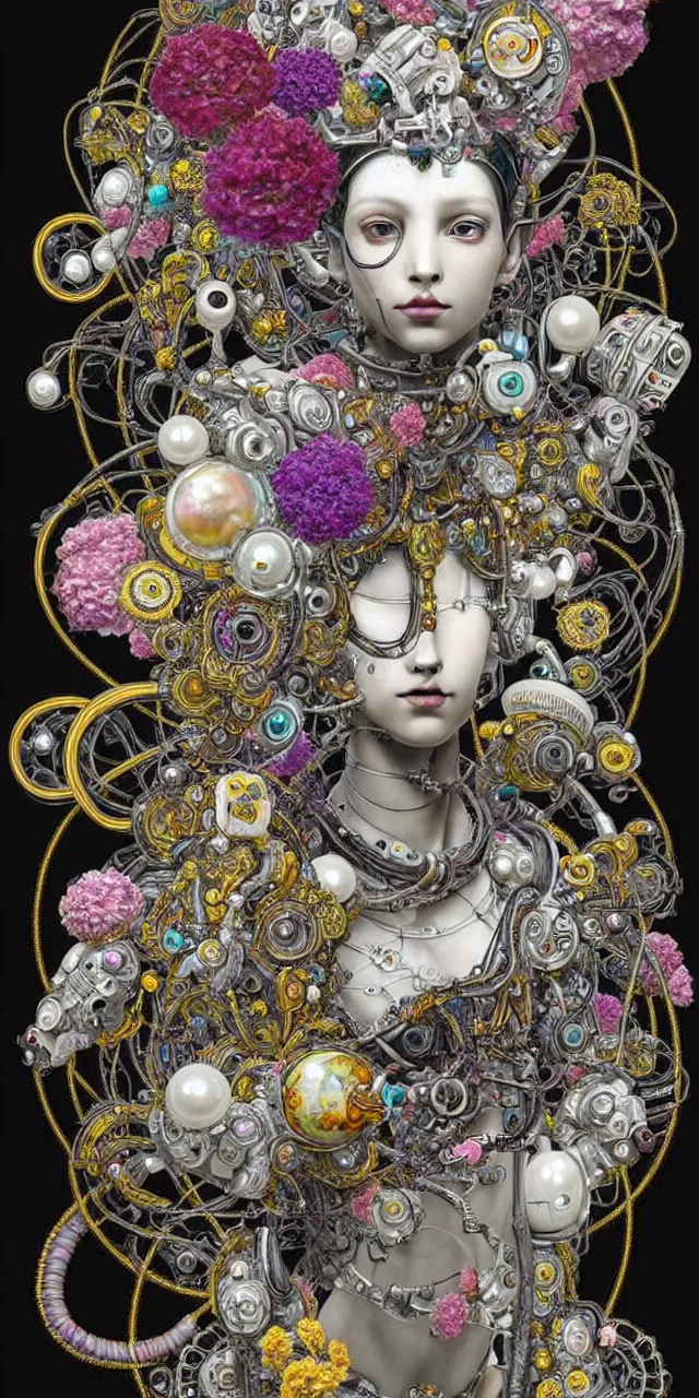 Prompt: beautiful cybernetic robotic ram and sita colorful flowers pearls beads and cables arranged in a damask pattern + clear glass exoskeleton, inside organic robotic tubes and parts, black background, symmetrical composition + intricate details, hyperrealism, wet, reflections + by alfonse mucha and peter mohrbacher, no blur