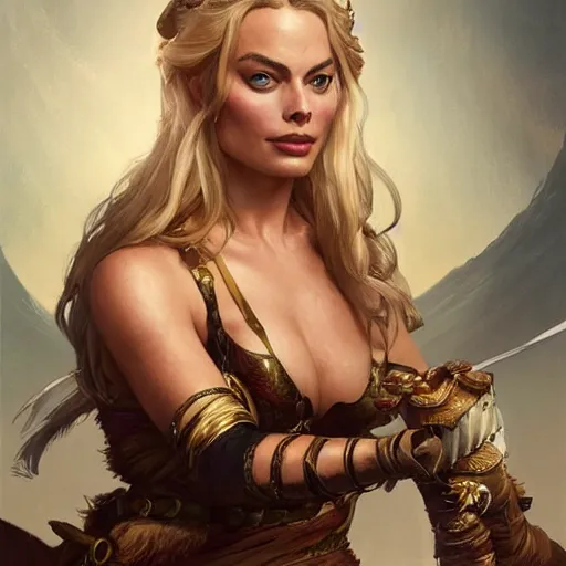 Image similar to Margot Robbie as slave open legs, D&D, fantasy, intricate, elegant, highly detailed, digital painting, artstation, concept art, matte, sharp focus, illustration, hearthstone, art by Artgerm and Greg Rutkowski and Alphonse Mucha