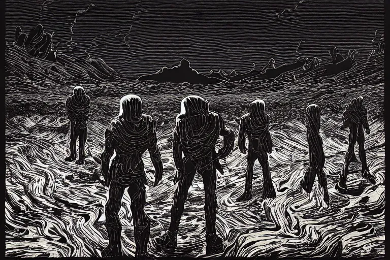 Image similar to ghost warriors, dark landscape, by dan mumford and by alberto giacometti, peter lindbergh, malevich, william stout