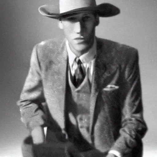 Image similar to A photograph portrait of Jerma985 wearing a suit with and fedora in the 1950s, taken in the early 1950s, grainy, taken on a 1950s Kodak Camera, realistic, hyperrealistic, very realistic, highly detailed, very detailed, extremely detailed, detailed, digital art, trending on artstation